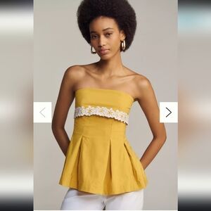 Maeve Anthropologie Mustard Strapless Peplum Top Floral Lace Trim M